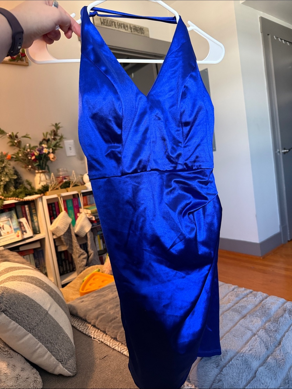 Teeze Me Royal Blue Satin V-Neck Halter Midi Dress